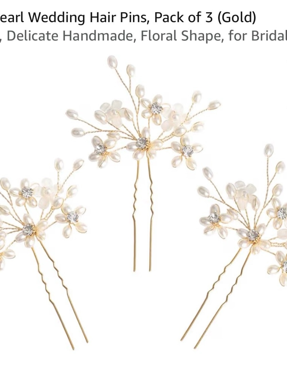 Gold Pearl Floral Hair Pins for Brides - Set of 3